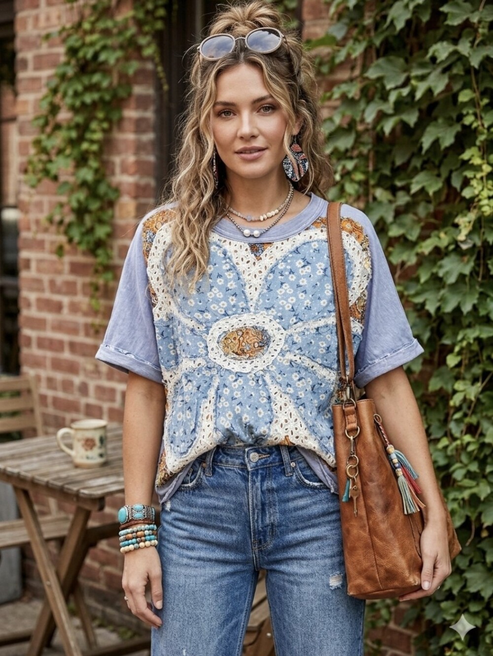 Oli & Hali Blue Floral Patchwork Eyelet Pullover with Rust Paisley